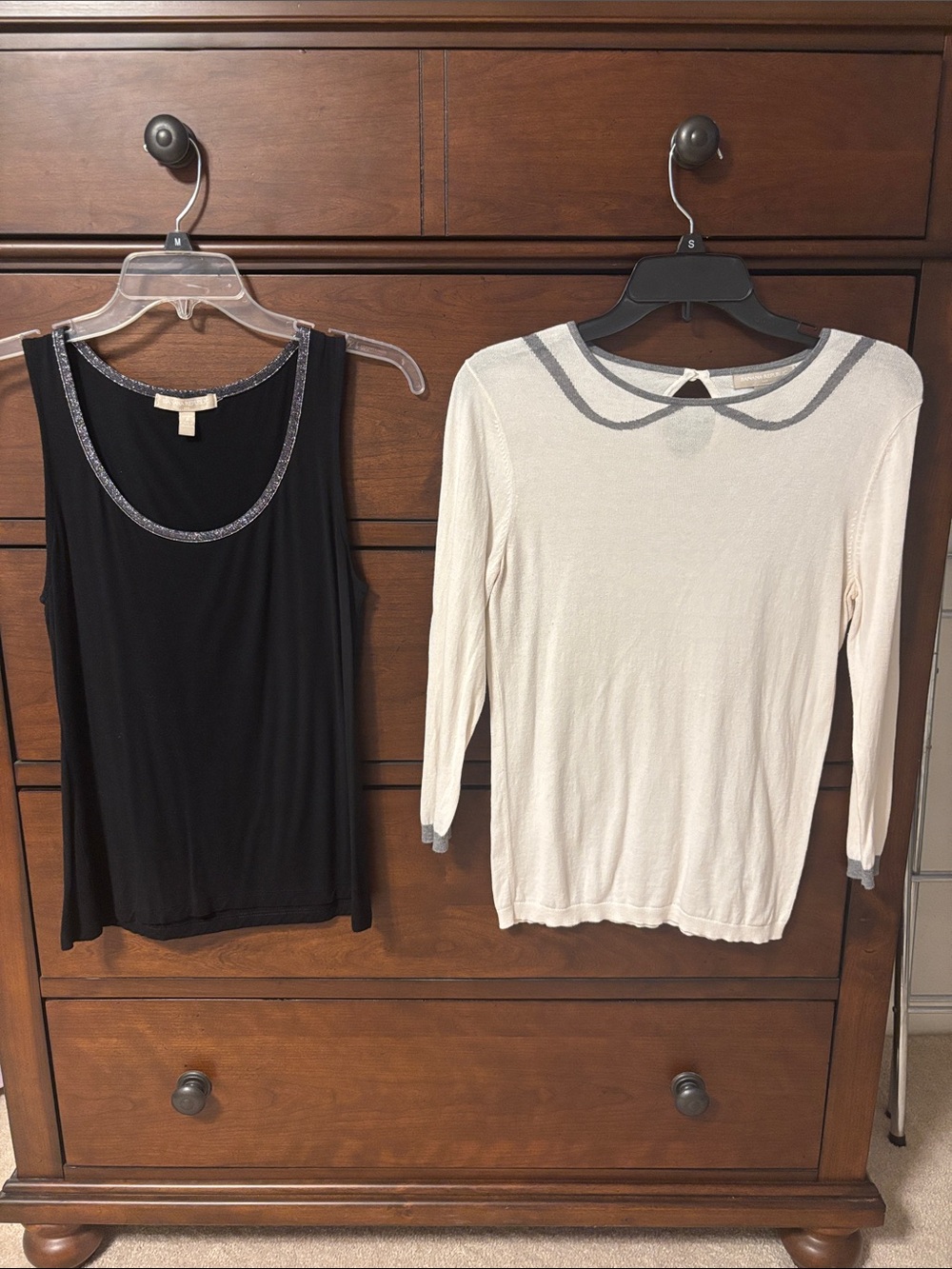 Black Tank with Metallic Silver Trim and White Sweater with Gray Trim